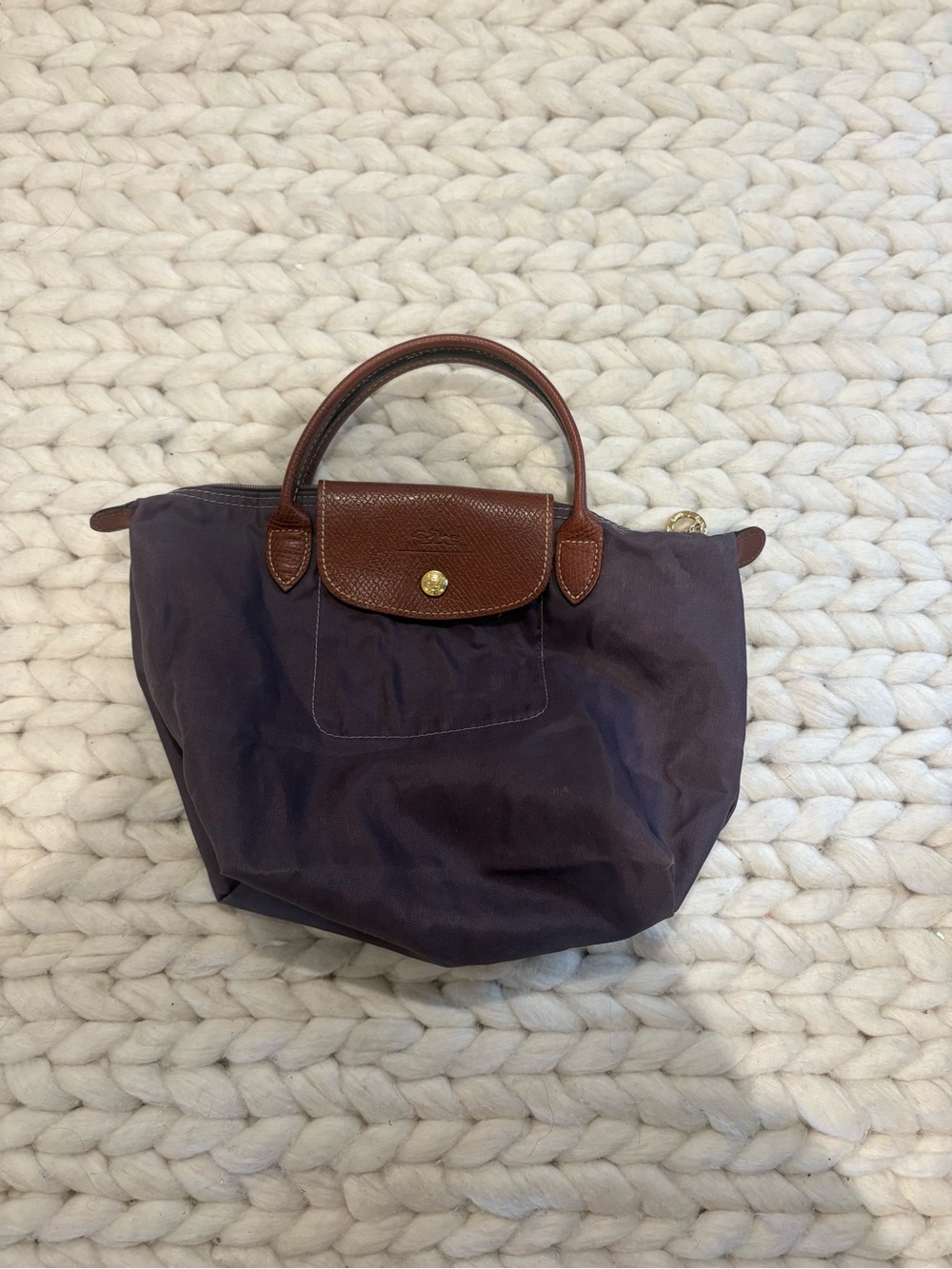 Mini Longchamp Le Pliage Small Top-Handle Bag in purple with Brown Trim